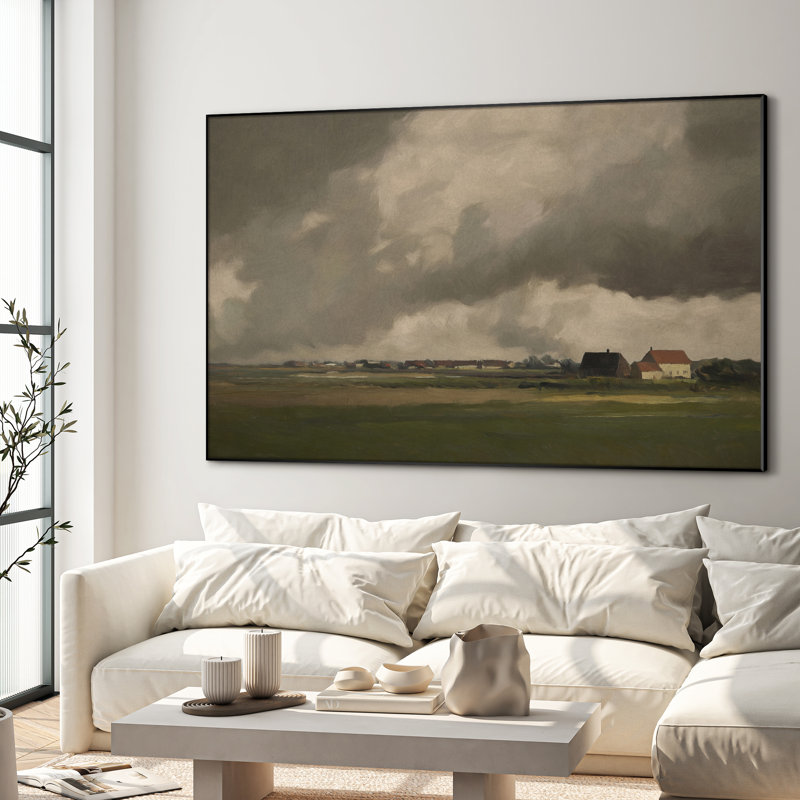 Impression sur toile extra large - Paysage de campagne orageuse, ciel dramatique, scène de campagne pour un décor de maison de campagne ou rustique pour le salon ou la chambre à coucher - «Assemblage requis du cadre (cadre non fini)»
