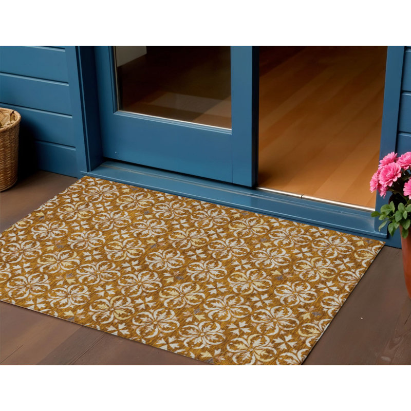 3' X 5' Copper And Beige Floral Washable Indoor Outdoor Area Rug