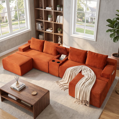 140" U-Shaped Boneless Sectional with Console, 2 Ottomans, Comfy Corduroy Cloud Sofa for Living Room, No Assembly