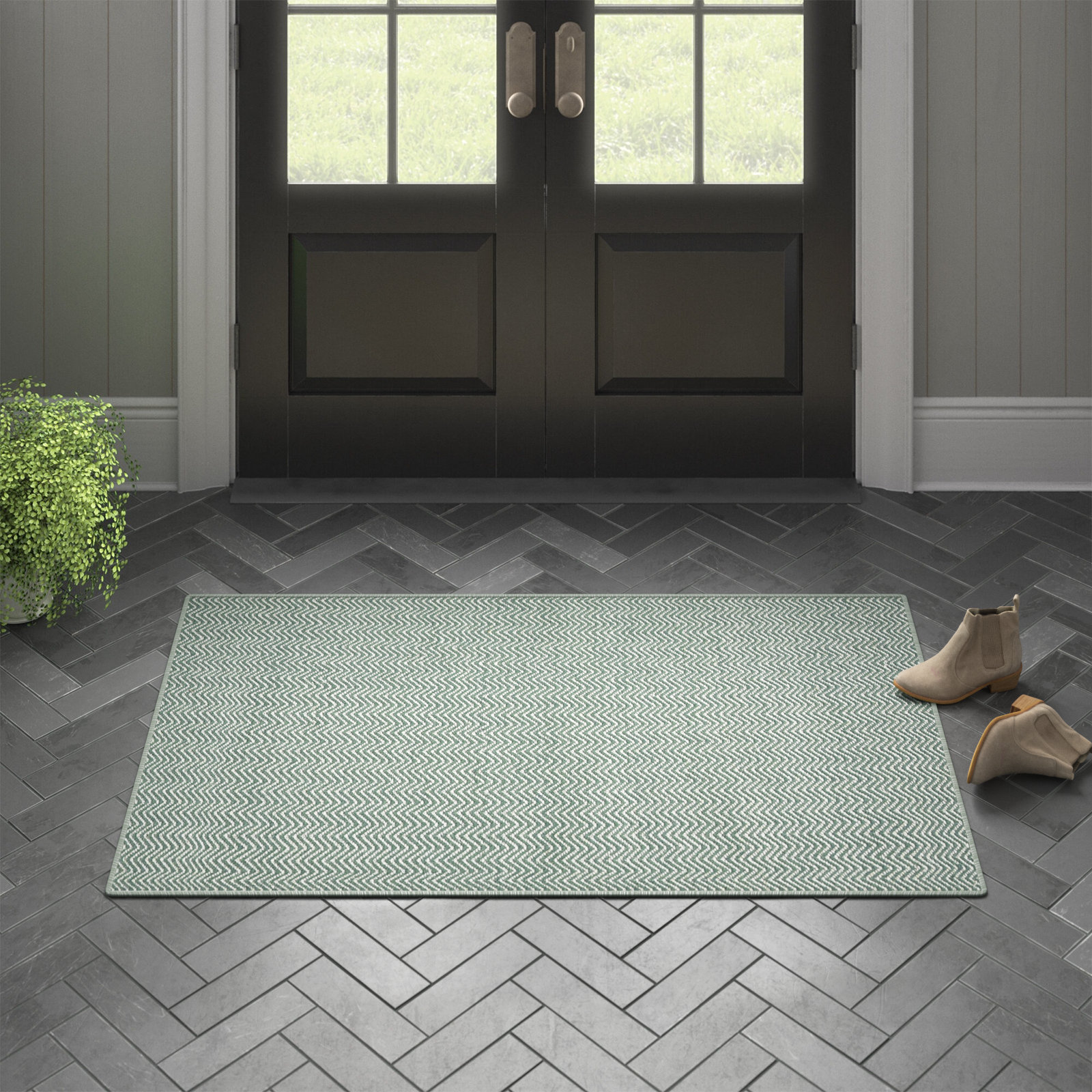 Rita Green Hand-Woven Chevron Wool Rug, Rectangle 3' x 5'