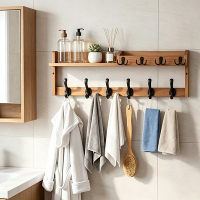 Wall Mount Coat Rack with Shelf, Key Holder and Mail Organizer for Entryway, Mudroom, Bathroom, Farmhouse Wood Wall Mounted Hat and Bag Hooks with Dis