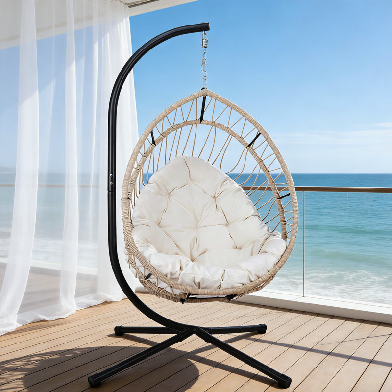Fauteuil de patio en osier avec coussin, White, Beige