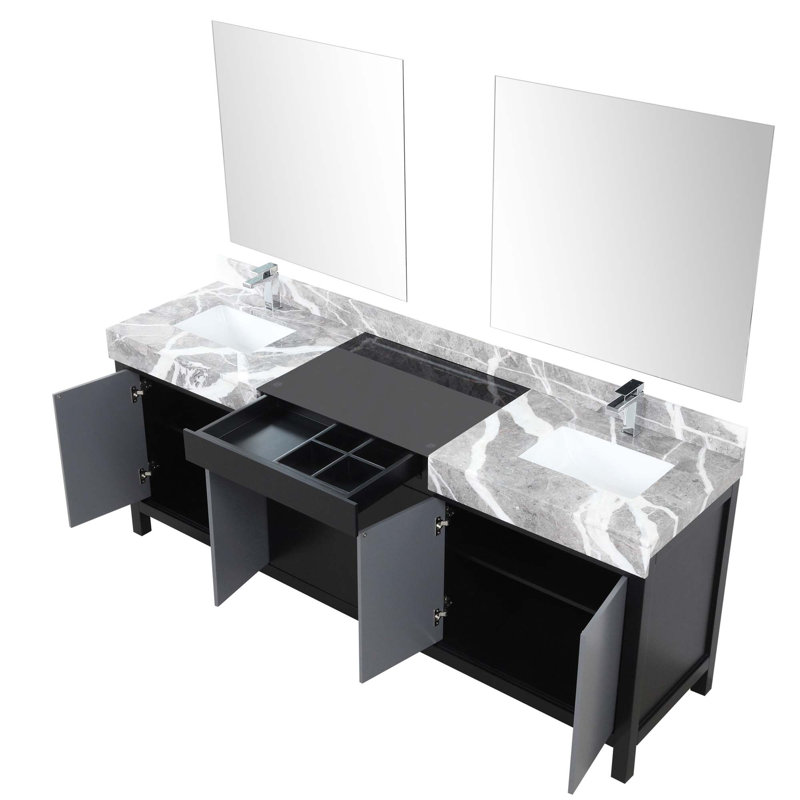 Black And Grey Double Bath Vanity 84 In. W X 22 In. D, Castle Marble Top, Chrome Faucet Set And 34 In. Mirrors