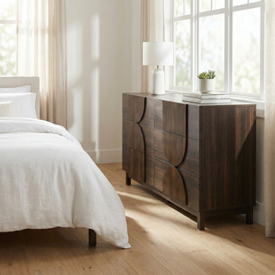 Modern Six-Drawer Fluted Wood Storage Dresser with Geometric Accents and Solid Wood Legs for Bedroom, Living Room, or Hallway Organization