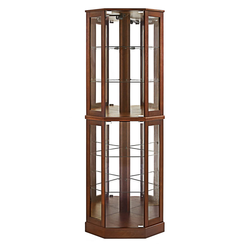 Walnut Lighted Corner Curio Cabinet with Tempered Glass Shelves