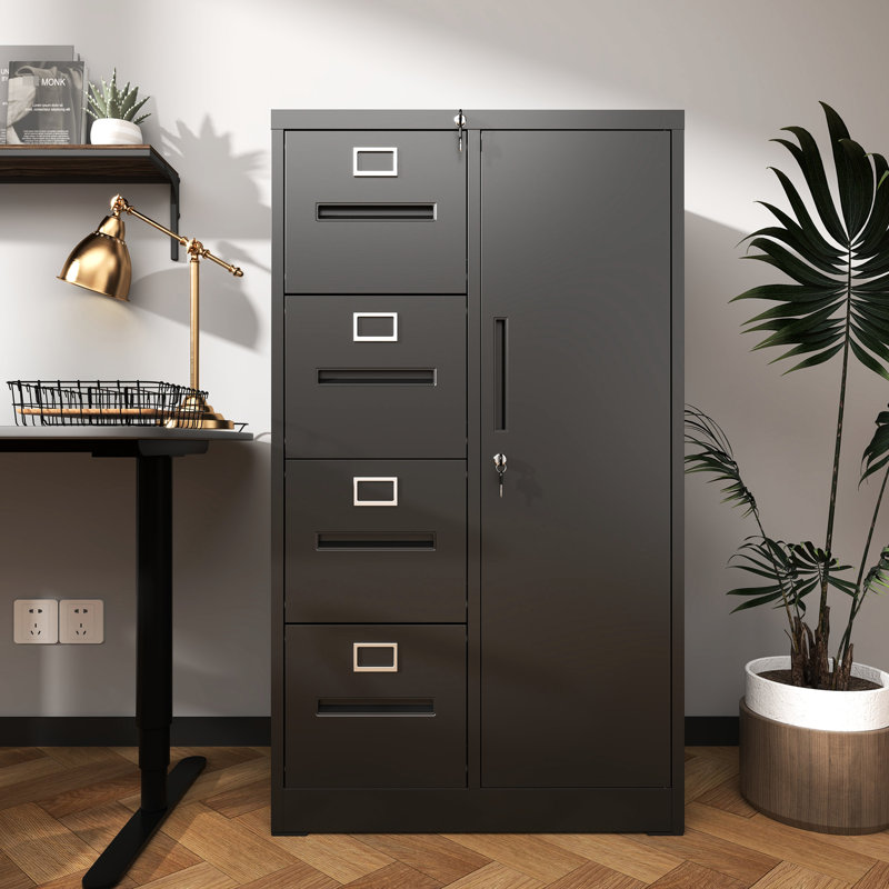 Office - Suitable Vertical Metal File Cabinet In White With 4 Drawers And Lock Cold Rolled Steel, Adjustable Hanging, Clothing Storage