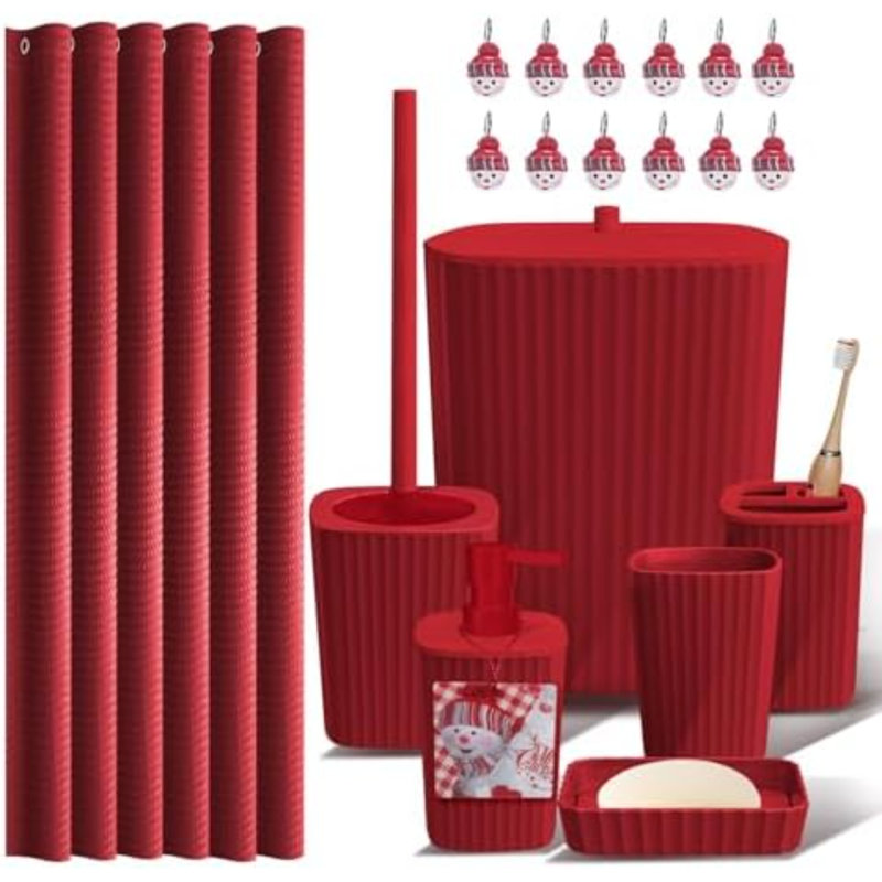 Bathroom Accessories Set - Christmas Shower Curtain Set, Xmas Bathroom Set, Christmas Bathroom Decor, Bathroom Accessory Set, Toilet Brush, Trash Can & Soap Dispenser - 19PC Set
