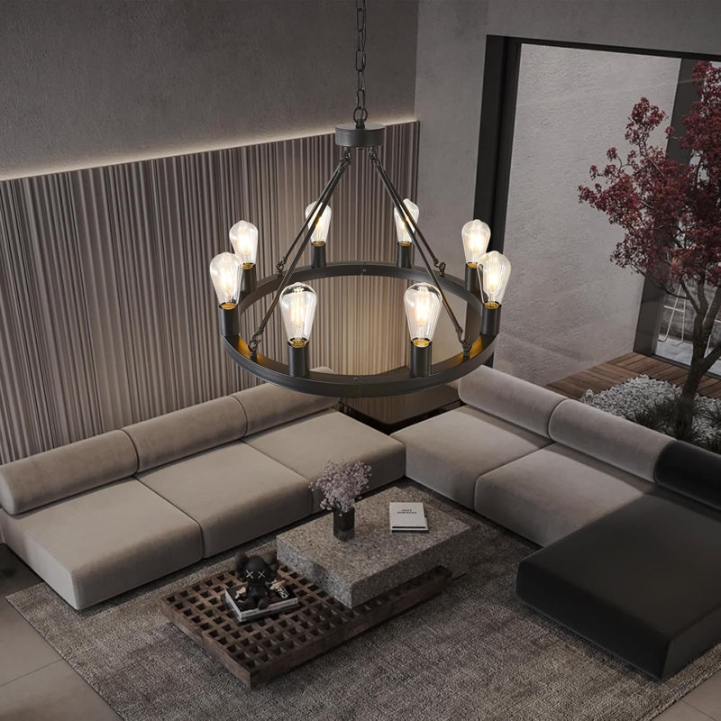Farmhouse Wagon Wheel Chandelier With 8-Light Design, Adjustable Hanging Chains, And Industrial Iron Frame For Dining Room, Living Room, And Entryway