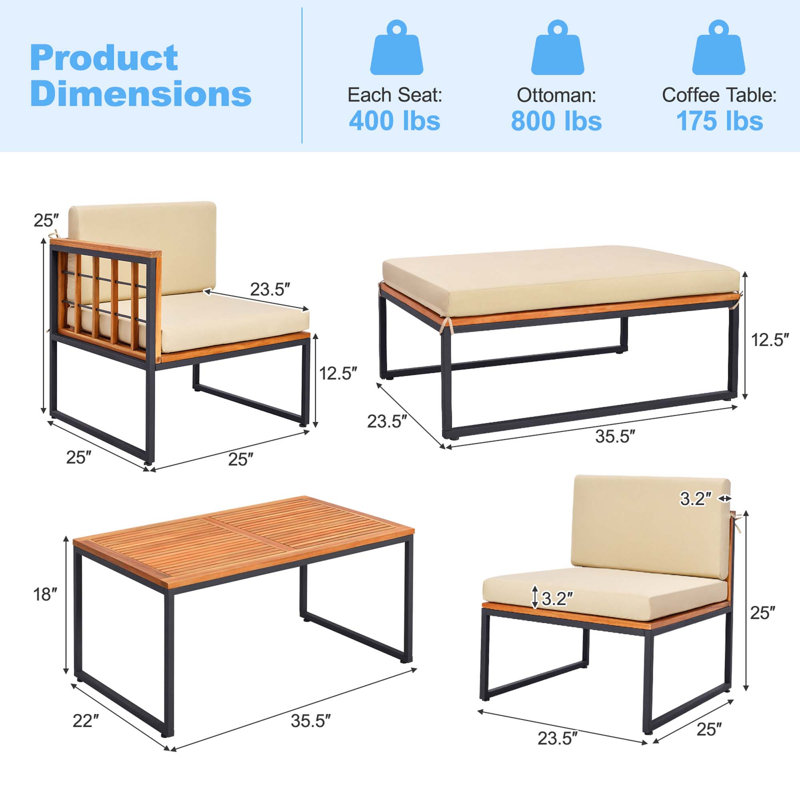 Ensemble de conversation en bois pour 4 personnes avec coussins Mooli