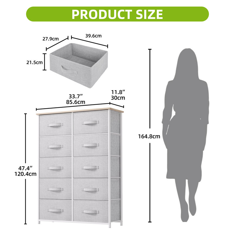 85.6 cm W Chest of 10 Drawers, Light Grey