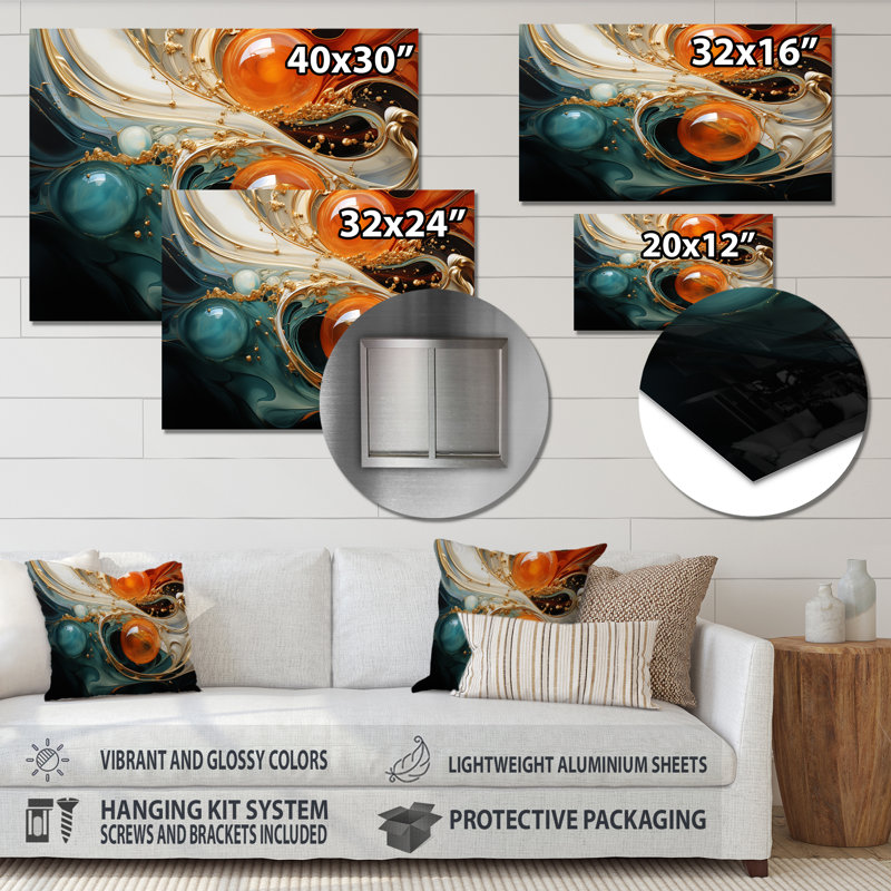 Planète vagues orange et or II - art mural abstrait en métal MT137173, H 12 po x l 20 po x P 1 po