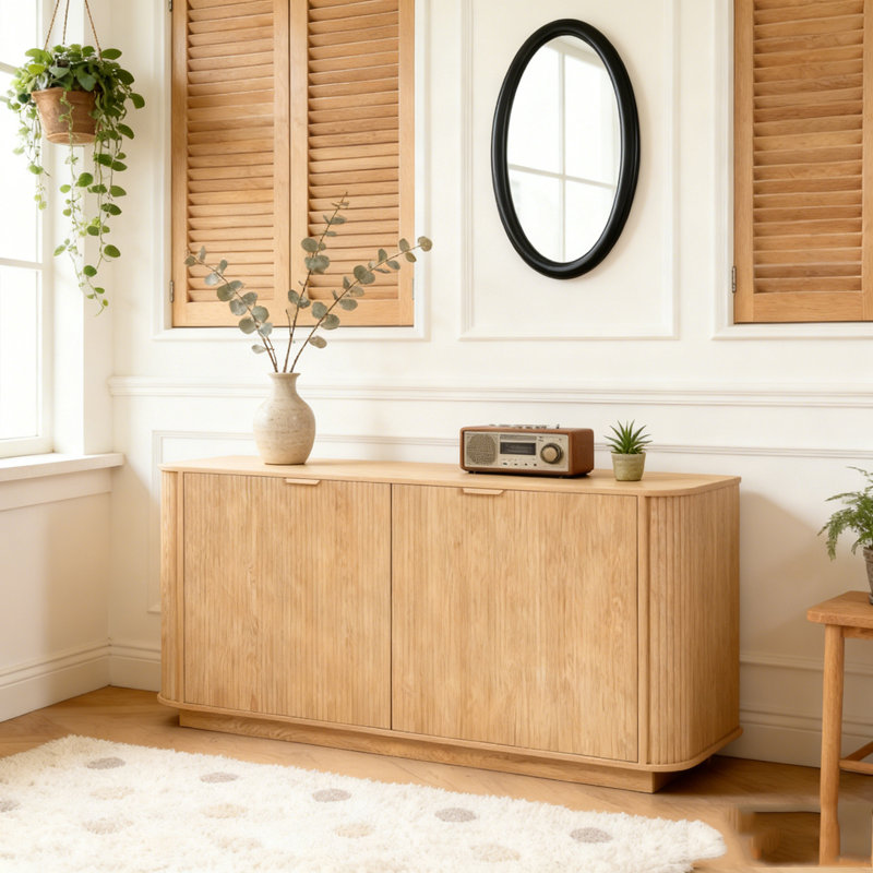63"Wavy Storage Sideboard, Double-Door Buffet Cabinet with Adjustable Shelves, Natural