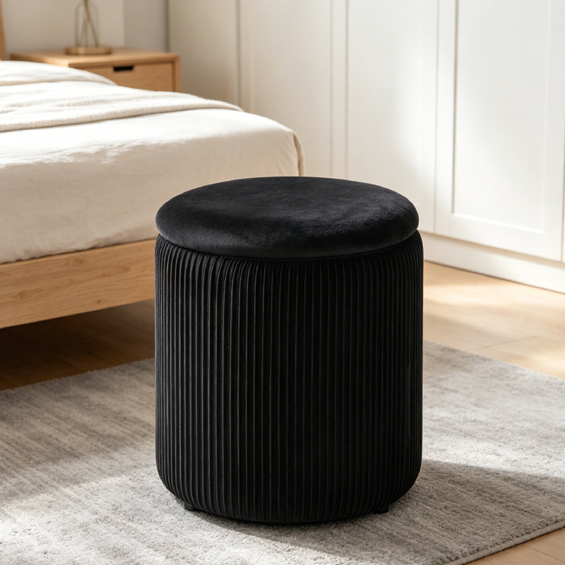 37.5cm Wide Velvet Cylinder Striped Standard Ottoman, Black