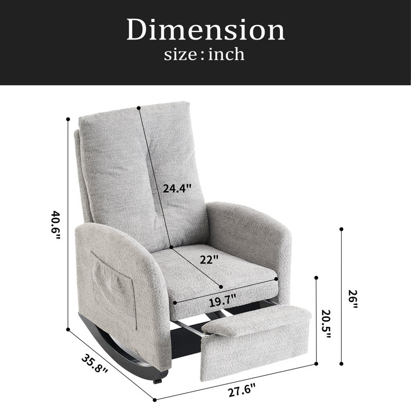 Chaise berçante décorative avec repose-pieds et pieds en bois d'hévéa à haut dossier, Gris