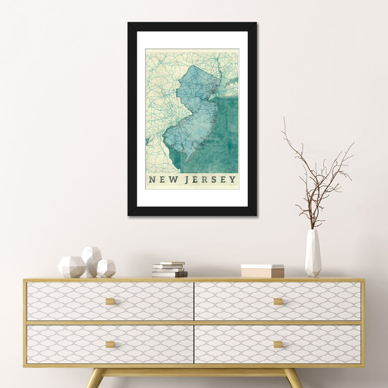 Carte du New Jersey par Hubert Roguski - reproduction sur toile tendue sur châssis, H 32 po x l 24 po x P 1 po, Blanc
