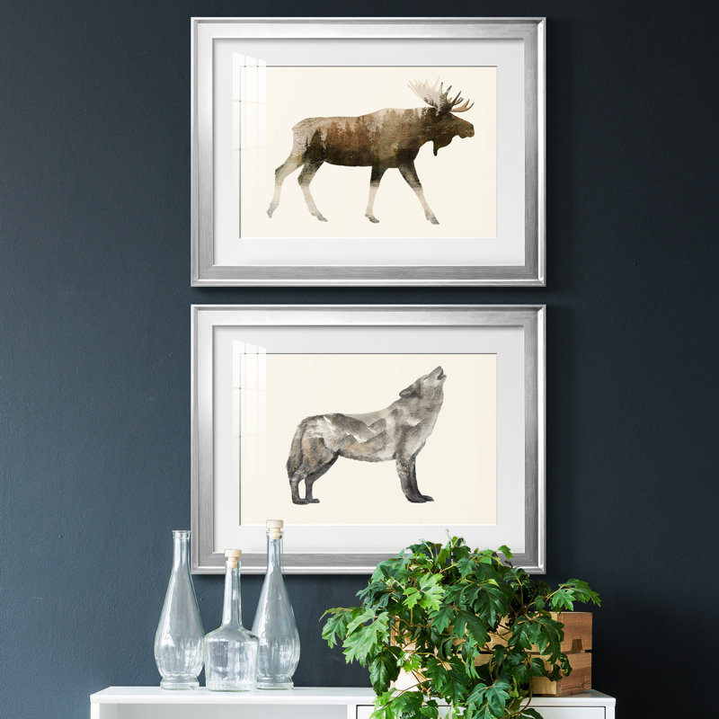 La nature sauvage III - Ensemble de 2 tableaux encadrés sous verre, grand format, idéal pour le salon., Cadre argenté