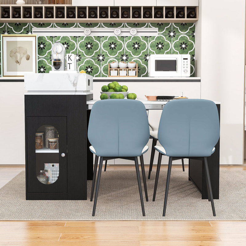 Rolling Extendable Kitchen Island with Drop-Leaf Table, Built-In Power Outlet and Glass Door Cabinet, White/Marble, Black