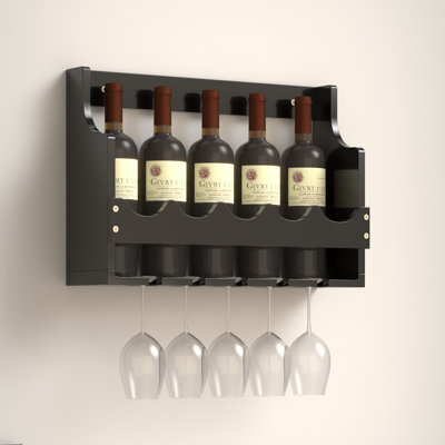 Casier à vin mural en bois massif, rangement pour 5 bouteilles de style champêtre avec porte-verres