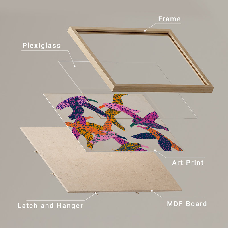 Ensemble de 4 pièces d'art mural d'oiseaux colorés - Impressions encadrées de style art populaire mettant en vedette des oiseaux à motifs pour la chambre d'enfant ou la salle de jeux