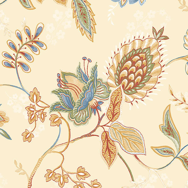 Papier peint floral jacobin 32,7 pi x 20,5 po Lynnfield, Bleu / rouge ocre / vert