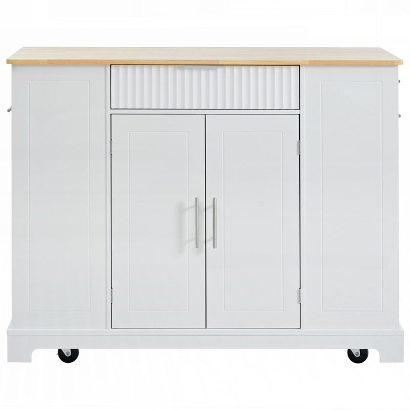 Fluted Kitchen Island with Trash Can Storage, Power Outlets, and Spacious Internal Racks on 5 Wheels, Ideal for Modern Kitchens and Efficient Organization.