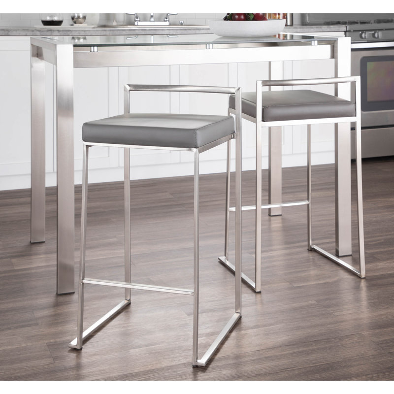 Tabouret de bar et de comptoir Derik, Acier inoxydable, Tabouret de comptoir (siège d'une hauteur de 27 p, Similicuir gris