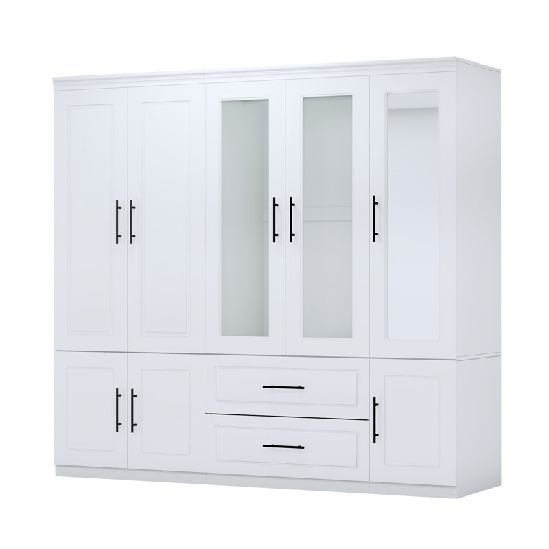 Armoire 5 portes avec tiroirs et miroir, blanc