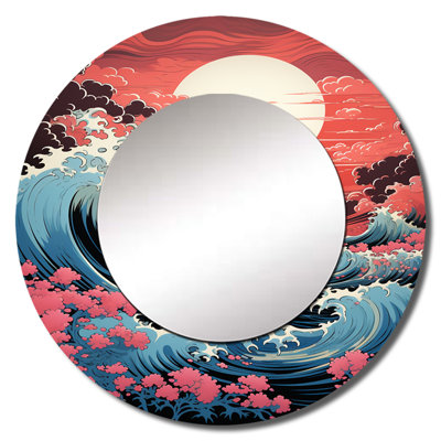 Sahanna Dramatic Ocean Waves VI - Coastal Mirror, Coral Round Unique Wall Mirror, Printed Metal Art