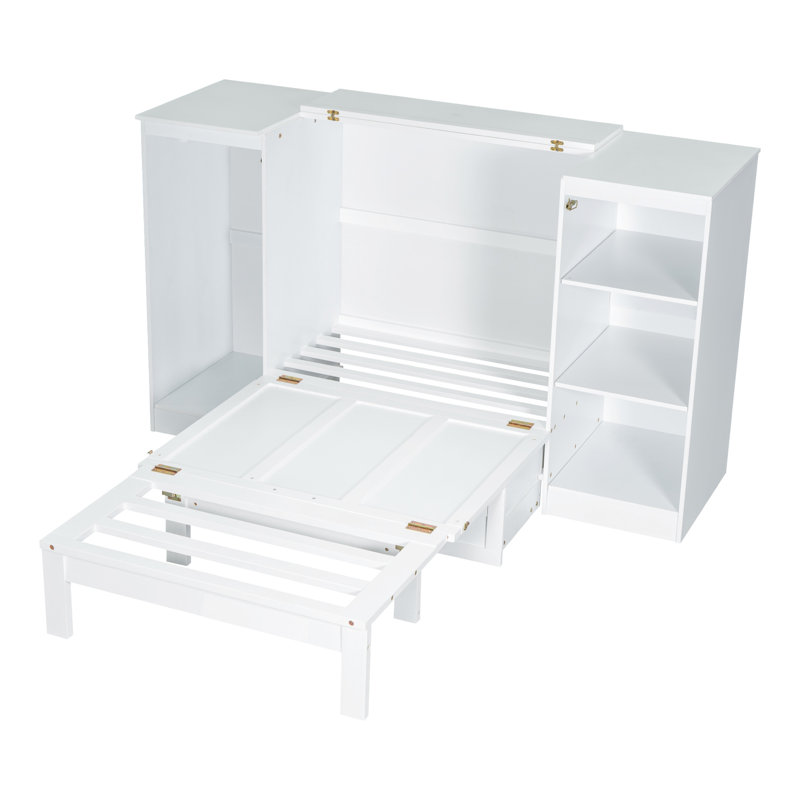 Lit simple blanc avec rangement et tablettes de chevet - option de structure stable