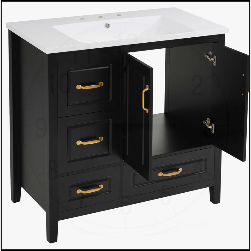 Meuble-lavabo de 36 pouces avec lavabo, portes à fermeture douce, tiroirs, poignées en métal et finition noire élégante pour les salles de bain modernes