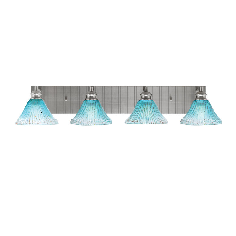 Barre d'éclairage de salle de bain 4 lumières Edge avec verre cristal sarcelle 7 po, Nickel brossé