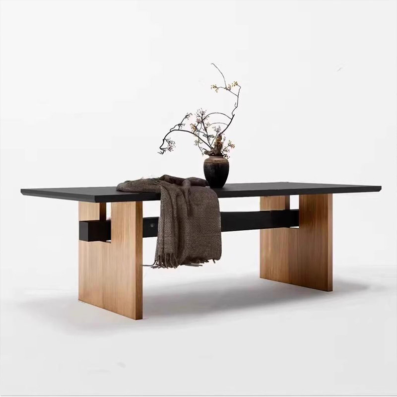 Table de salle à manger rectangulaire en bois massif noir et noyer clair, H 29,53 po x L 78,74 po x l 31,5 po