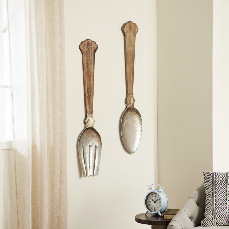 Large Brown and Silver Metal Spoon and Fork Wall Decor Set