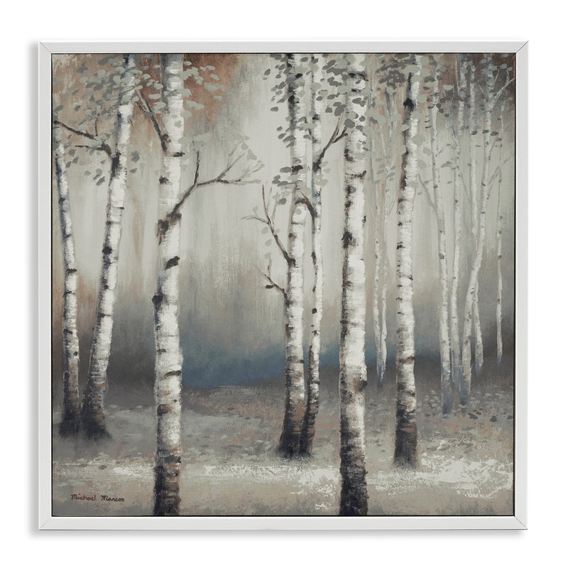 Birch Trees Misty Haze, scène de forêt grise - impression, H 12 po x l 12 po, Estampe numérique encadrée blanc bord de mer
