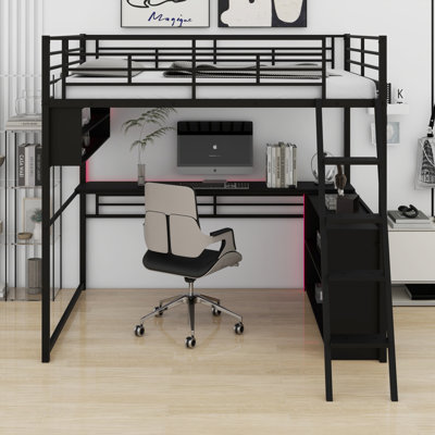 Lit mezzanine en métal avec DEL, bureau et tablettes