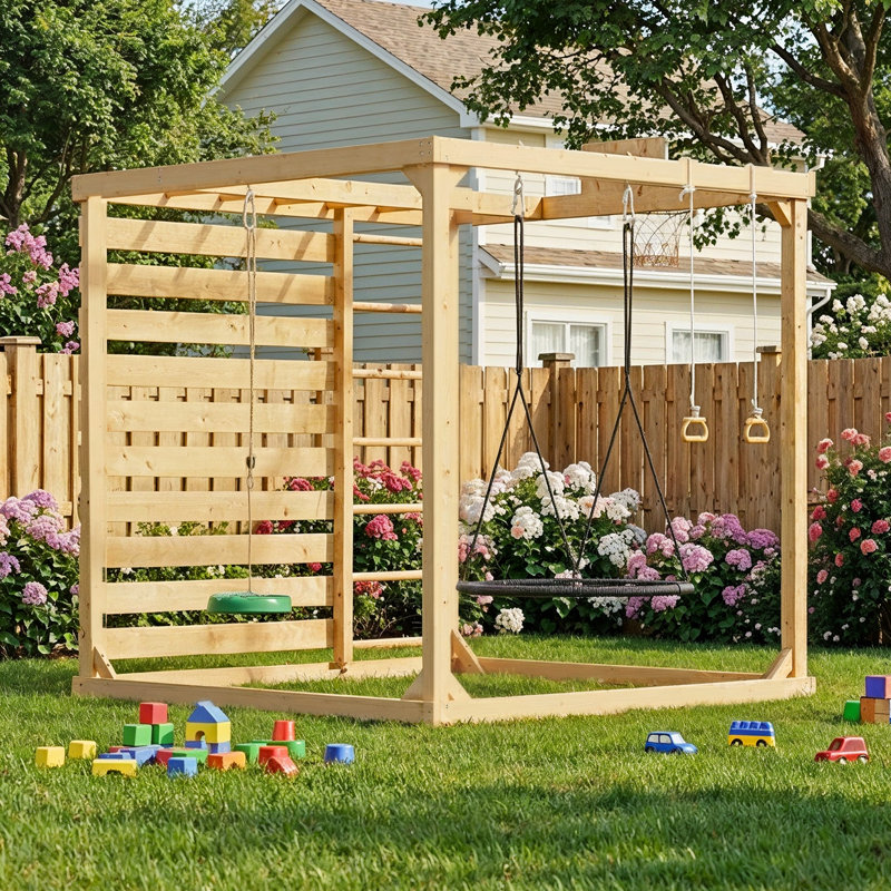 Ensemble de jeu extérieur en bois 8 en 1 | Mur d'escalade, balançoires, panier de basketball et bac à sable