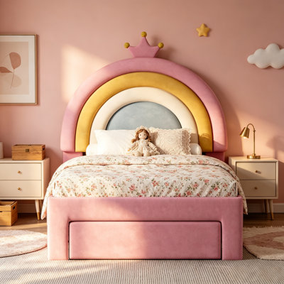 Lit simple tapissier arc-en-ciel, lit plateforme en velours avec tiroir de rangement, aucun sommier nécessaire, coloré et rose
