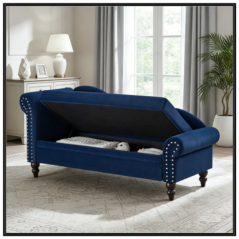 Chaise longue en velours avec rangement, accoudoir gauche et coussin lombaire, Marine