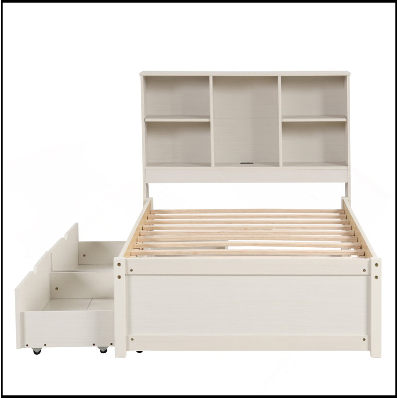 Élégante base de lit simple avec port USB, tiroirs et tête de lit bibliothèque, Blanchies