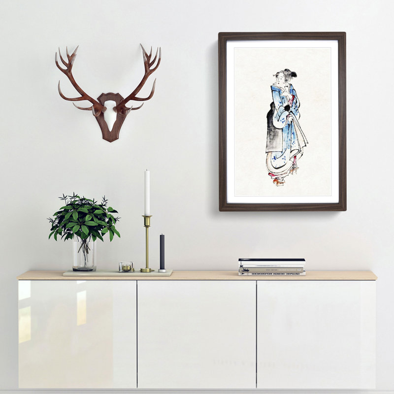 Walking Woman by Katsushika Hokusai - Picture Frame Painting Print, 36cm H x 27cm W x 2cm D, Walnut Framed