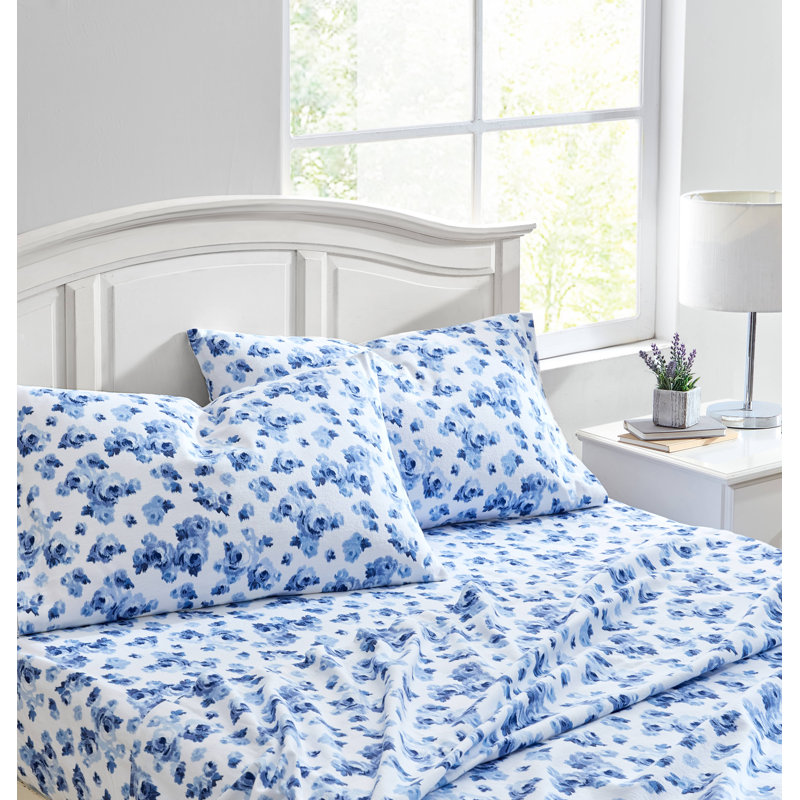 Ensemble de draps en flanelle de coton brossé, Ensemble de draps pour lit simple avec 1 taie d'or, Bleu Emelisa