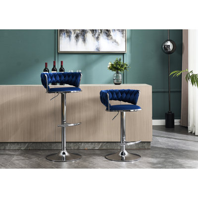 2 tabourets de bar en velours bleu - base en métal avec placage pour une apparence attrayante en velours réglable en hauteur, repose-pieds ergonomique