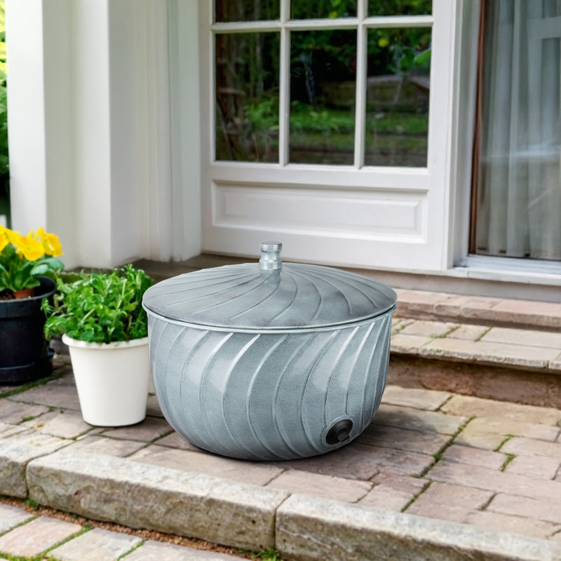 Handcrafted Wave Embossed Metal Garden Hose Holder Pot with Lid, Teal, Teal
