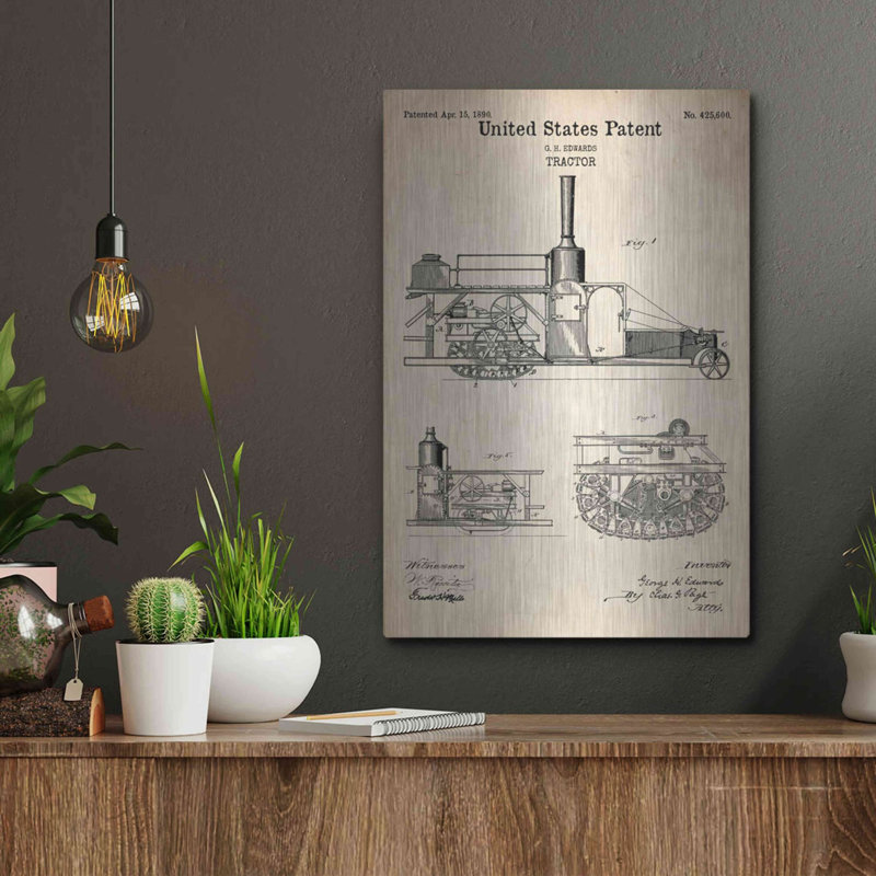 «Tractor Blueprint Brevet Parchment», art mural en métal, H 16 po x l 12 po
