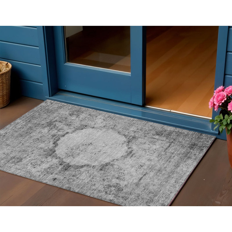 3' X 5' Gray Charcoal And Silver Oriental Washable Indoor Outdoor Area Rug