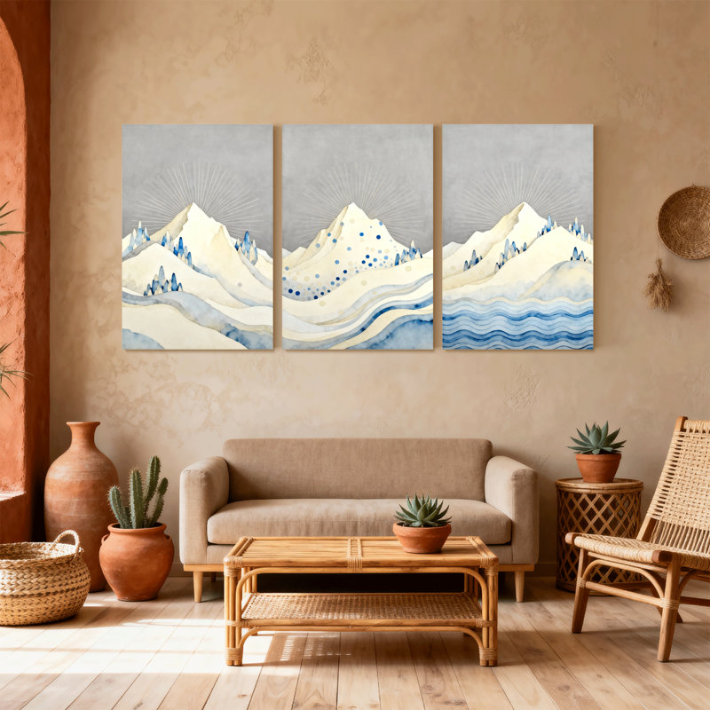 «Abstract Mountain Peaks Water Reflection Sky Light Blue Waves», ensemble de 3 impressions sur toile, H 24 po x l 48 po
