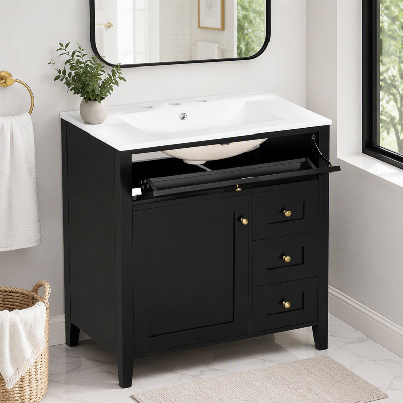 Meuble-lavabo de 30 po avec lavabo et grand rangement, Porte gauche noire, 30