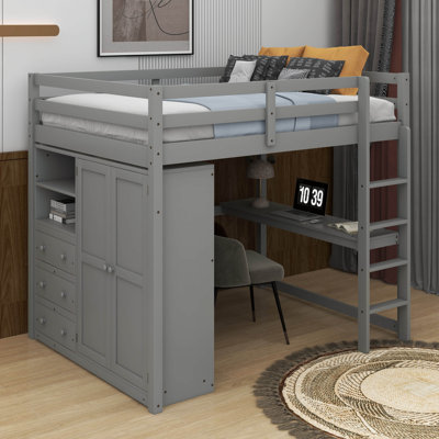 Lit mezzanine double avec bureau, tablettes et tiroirs
