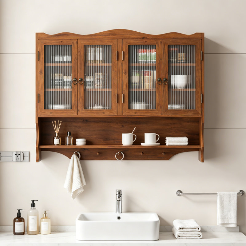 39.37"Retro 4 Door Wall-Mounted Cabinet, Featuring Two Layers Of Storage Space And An Open Hook Rack  Space,Suitable For Bathrooms, Kitchens, Dining Rooms, Brown