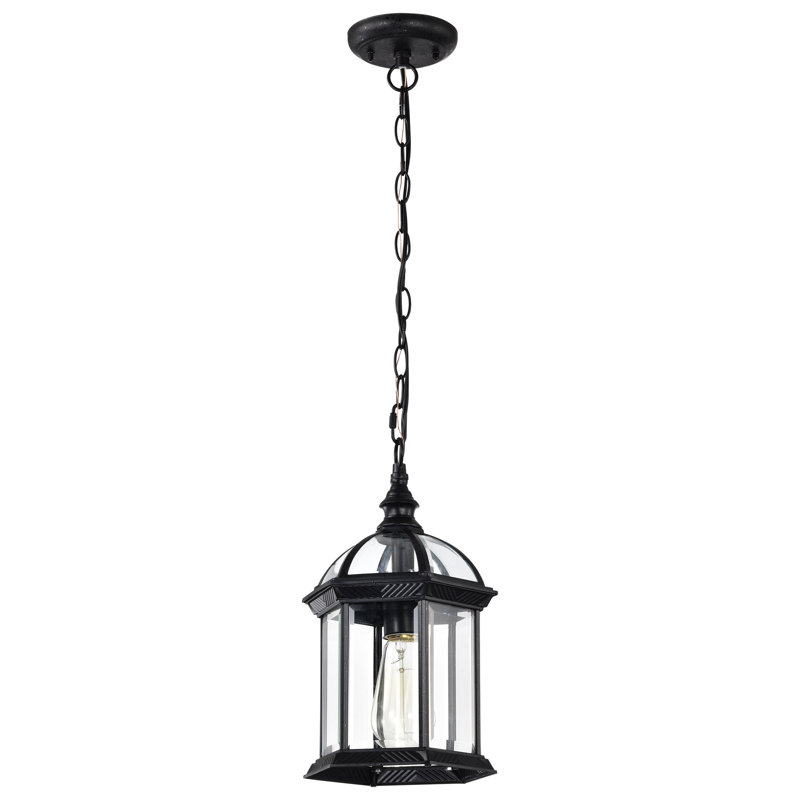 Quonset Outdoor Hanging Lantern, A19, Textured Black / Clear Beveled